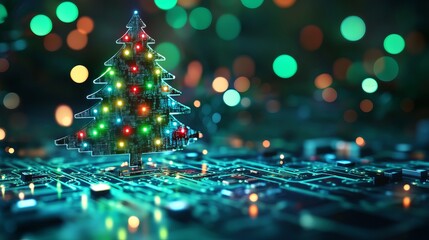 Celebrate the future with a vibrant digital Christmas tree glowing on a futuristic circuit board, perfect for tech holiday campaigns.