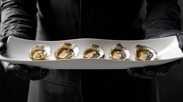 A server in black leather gloves presents a white rectangular plate with five fresh oysters on a dark background with dramatic lighting