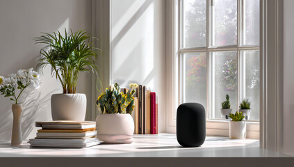 Smart speaker with plants and books on a windowsill with natural light