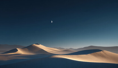 Minimalist desert landscape at night with smooth sand dune ridge under crescent moonlight, soft shadows and serene atmosphere revealing texture and gentle curves