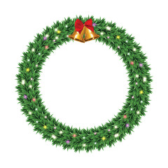 Christmas wreath with glowing Christmas lights and bells. Christmas tree decoration. Holiday fir tree garland. Vector Illustration
