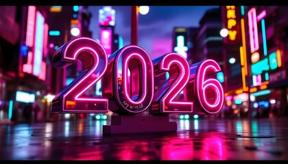 A maximalist, hyper-detailed retro-futuristic Happy New Year 2026 banner