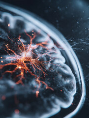 Close-up of neurological MRI scan showing white matter lesions, representing multiple sclerosis diagnosis and brain disease research, medical concept with copy space.	