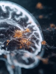 Close-up of neurological MRI scan showing white matter lesions, representing multiple sclerosis diagnosis and brain disease research, medical concept with copy space.	