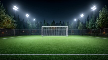 Night soccer match in stadium football field under lights sports environment wide-angle from goal perspective
