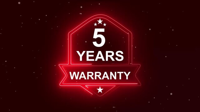5 years warranty quality assurance concept on the transparent background. Neon Warranty shield Animation. Motion graphics of product guaranteed animated. Hundred percent authentic product.