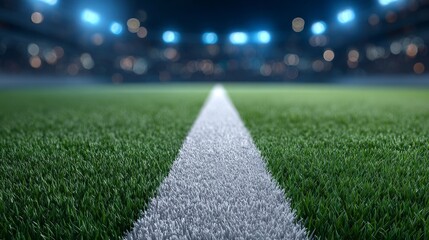 Naklejka premium Night soccer match at stadium football pitch view bright lights sport environment goal line perspective