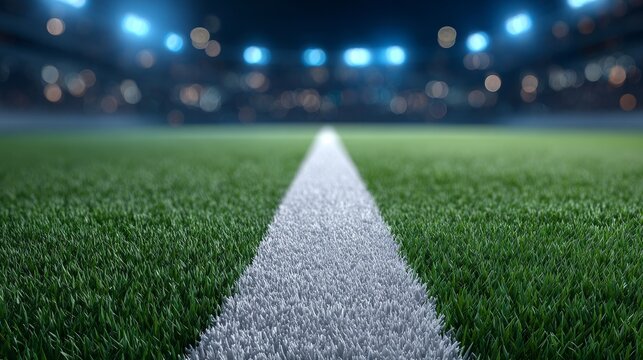 Night soccer match at stadium football pitch view bright lights sport environment goal line perspective