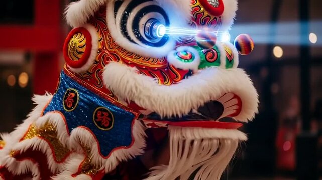 Dynamic lion dance performance with illuminated eyes embodying traditional festive energy