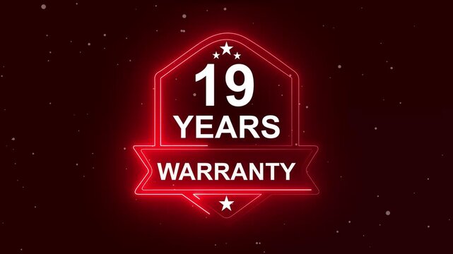 19 years warranty quality assurance concept on the transparent background. Neon Warranty shield Animation. Motion graphics of product guaranteed animated. Hundred percent authentic product.