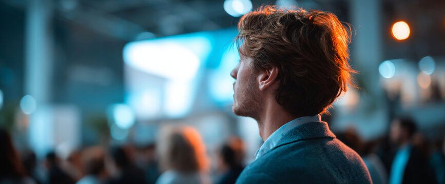 Young man with red hair attentively listening at a conference or seminar in a modern indoor venue with blurred audience and bright lights