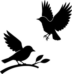 Two bird silhouettes, one flying and one perched on a branch.