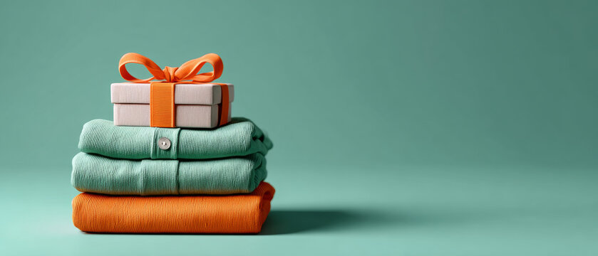 Stack of folded colorful sweaters with a small gift box tied with orange ribbon on top against teal background