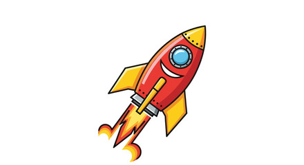 Cartoon Rocket Ship Launching with Flames and a Smiling Face.