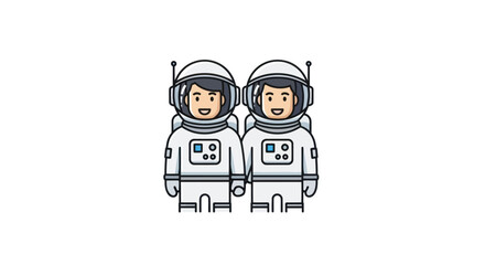 Two cartoon astronauts in white suits with helmets and antennas.