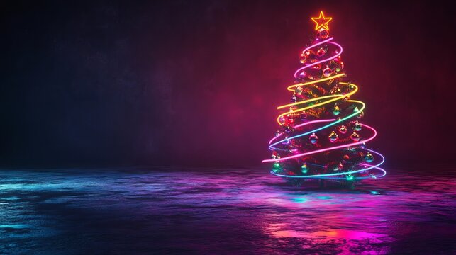 Vibrant neon Christmas tree illuminated with dazzling multicolored lights and ornaments, glowing under a moody, atmospheric backdrop