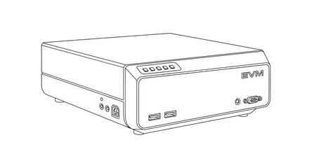 Illustration of a white rectangular EVM device featuring ports buttons and branding