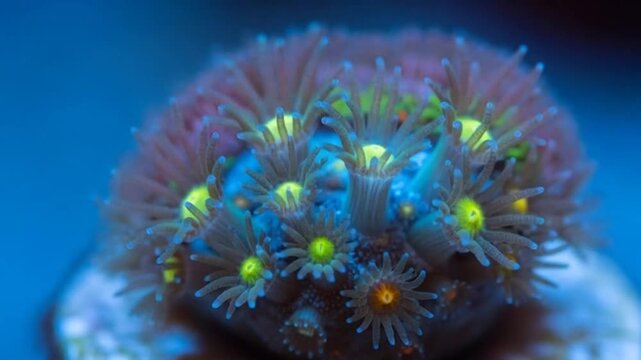 Captivating Underwater World: Close-Up Views of a Vibrant Acanthastrea Coral Colony Display