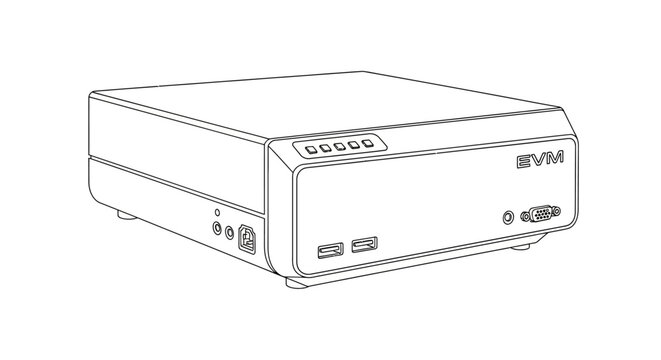 Illustration of a white rectangular EVM device featuring ports buttons and branding