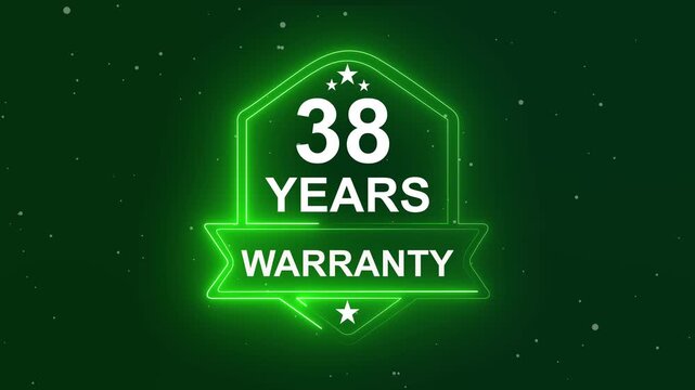 38 years warranty quality assurance concept on the transparent background. Neon Warranty shield Animation. Motion graphics of product guaranteed animated. Hundred percent authentic product.