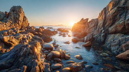 Golden rocky coastal sunset with sunburst over tide pool and smooth pebbles, warm light on jagged cliffs, tranquil sea and distant islands creating serene atmosphere