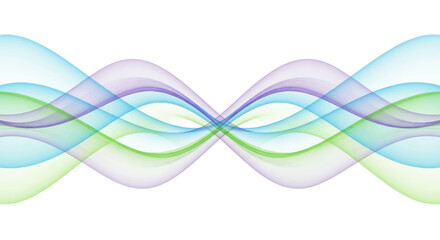 Intersecting wavy bands of blue green and purple on a white background