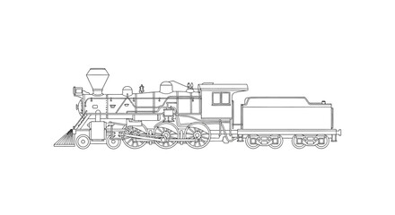 Line art depicts a steam train with a coal tender showcasing its intricate mechanical design and classic locomotive features © rohim