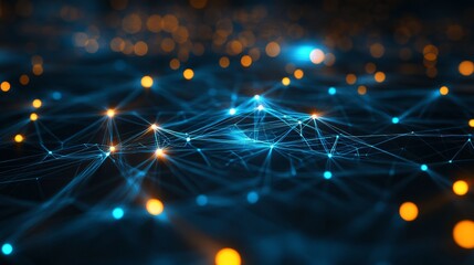 Dynamic network of glowing blue and orange nodes connected by luminous lines against a dark, abstract background creating a futuristic digital landscape