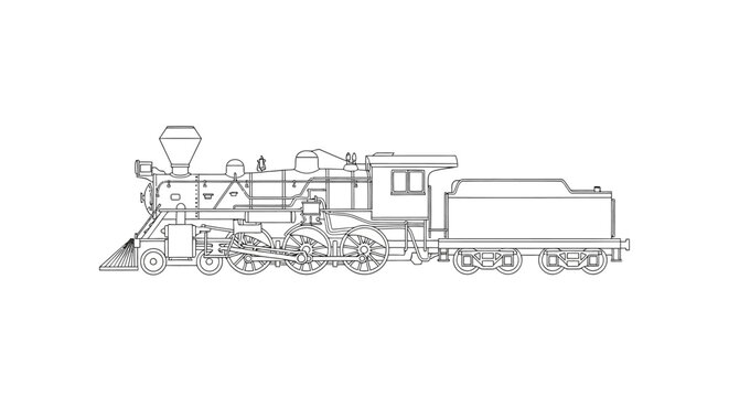 Line art depicts a steam train with a coal tender showcasing its intricate mechanical design and classic locomotive features