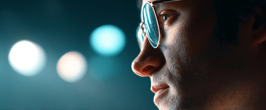 Close-up profile of a young man wearing glasses with reflective lenses against a blurred blue and white bokeh background