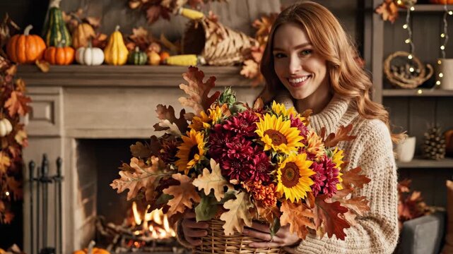 Smiling european woman holding autumn flower bouquet for Thanksgiving or fall celebration. Seasonal floral arrangement with decorative harvest decor.