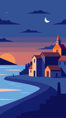 Naklejka premium Illustration of coastal village at dusk with moon and sun