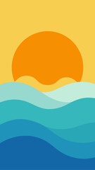Illustration of sunset over layered ocean waves scene