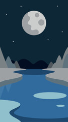 Nighttime scene with moon river and mountain silhouettes