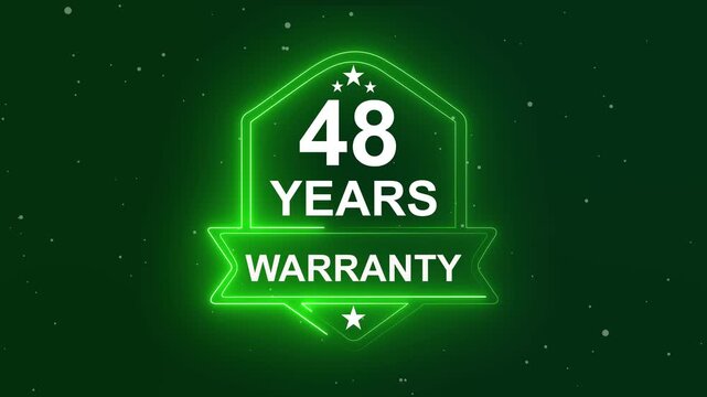 48 years warranty quality assurance concept on the transparent background. Neon Warranty shield Animation. Motion graphics of product guaranteed animated. Hundred percent authentic product.