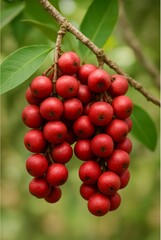 The image displays clusters of ripe red Bignay fruits (Antidesma bunius) hanging from the tree. These small, round berries grow in bunches and turn bright red when mature.
