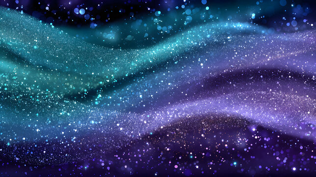 Abstract festive glitter background with particles, color gradient, copy space, space for text, wavy lines, bokeh. Horizontal banner