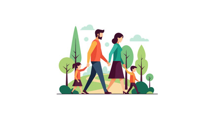 Happy Family Walking Together Outdoors in Flat Illustration Style.