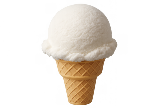 Vanilla ice cream scoop in waffle cone representing sweet summer dessert treat and refreshing snack