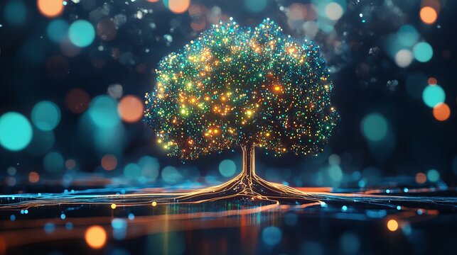 Vibrant digital tree illuminated with countless glowing particles, symbolizing growth and innovation in a futuristic, abstract network environment.