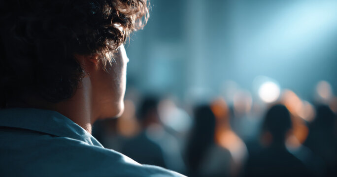 Close-up of a person with curly hair looking towards a blurred crowd in a dimly lit indoor setting with soft blue and orange lighting