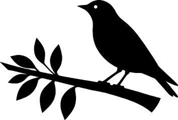 Silhouette of a bird perched on a branch with leaves