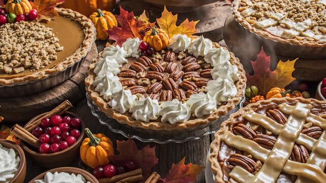 Festive autumn dessert bar with various pumpkin and pecan pies, whipped cream, cranberries, and small pumpkins for Thanksgiving