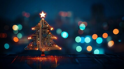 Futuristic circuit board Christmas tree glows with vibrant lights, evoking modern holiday celebration and technological innovation