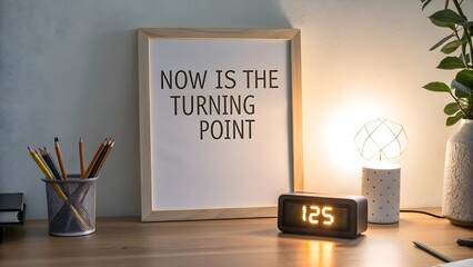 Digital clock beside inspirational quote on wooden frame