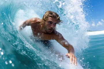 Surfer riding a wave beneath bright blue sky on a sunny day at the beach