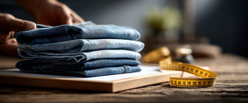 Stack of folded denim jeans on wooden surface with yellow measuring tape and blurred background in tailoring or fashion workspace - Powered by Adobe
