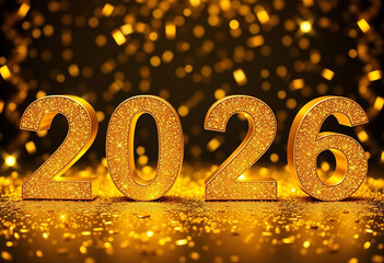 2026 festive golden numbers new year background with confetti