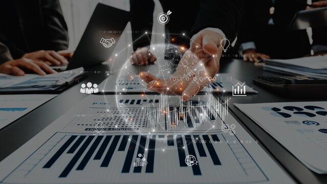 Dynamic business team engaged in data analysis and strategic planning. Digital graphics enhance collaboration, highlighting growth opportunities and insights. Raster