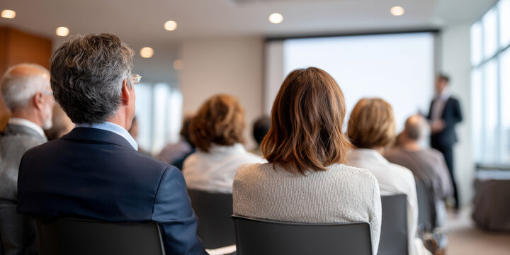 Audience of diverse professionals attentively listening to a business presentation in a modern conference room with large and bright lighting - Powered by Adobe